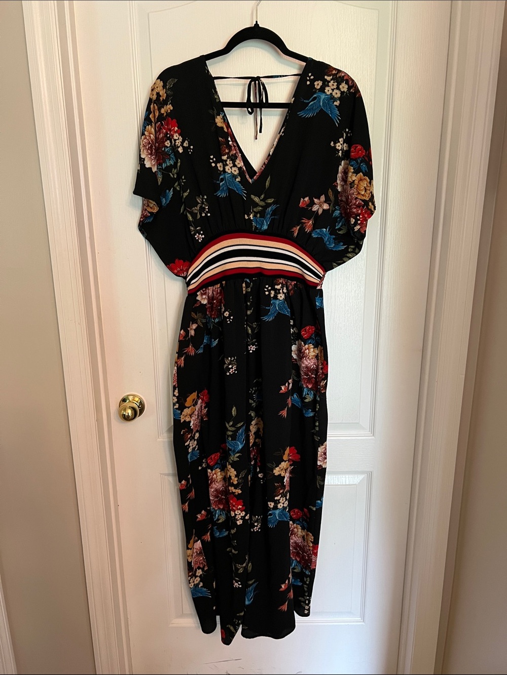 City Chic Black Floral Midi Dress with Multicolor Striped Waist